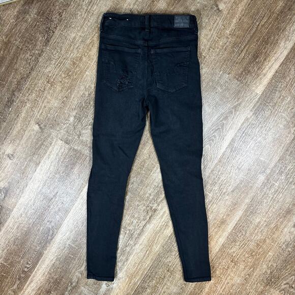 American Eagle Black Distressed Button Fly super hi-rise jegging Jeans - Picture 4 of 8